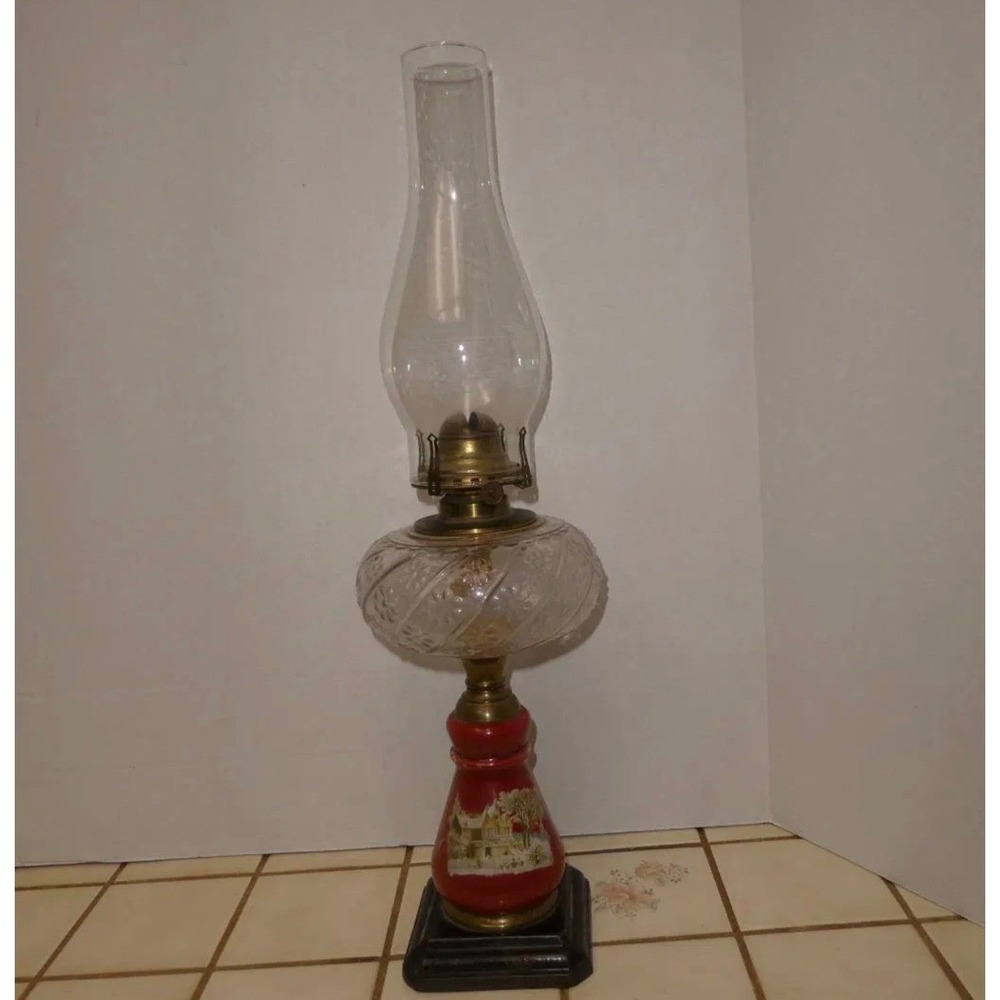 Vintage Scoville Mfg Co Reverse Painted Winter Scene Kerosene Oil Lamp 22in Red